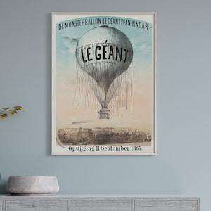 Poster Wall Art The Monster Ballon Illustration Druck von Nadar #RO299 Blau, Beige, Retro Illustration, Art Replica,