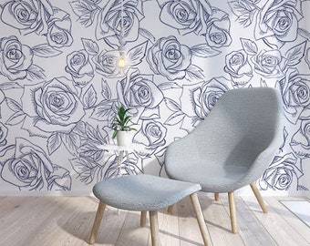 Papel tapiz removible - Papel tapiz de rosas azules - Papel tapiz floral - Papel tapiz temporal - Papel tapiz para revestimiento de paredes, Papel tapiz de acuarela, Arte #97