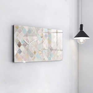 Colorful tiles Modern Wall Clock, White Glass Clock, Abstract Modern Wall Clock, Personalised Clock, Numbers or Lines Collection