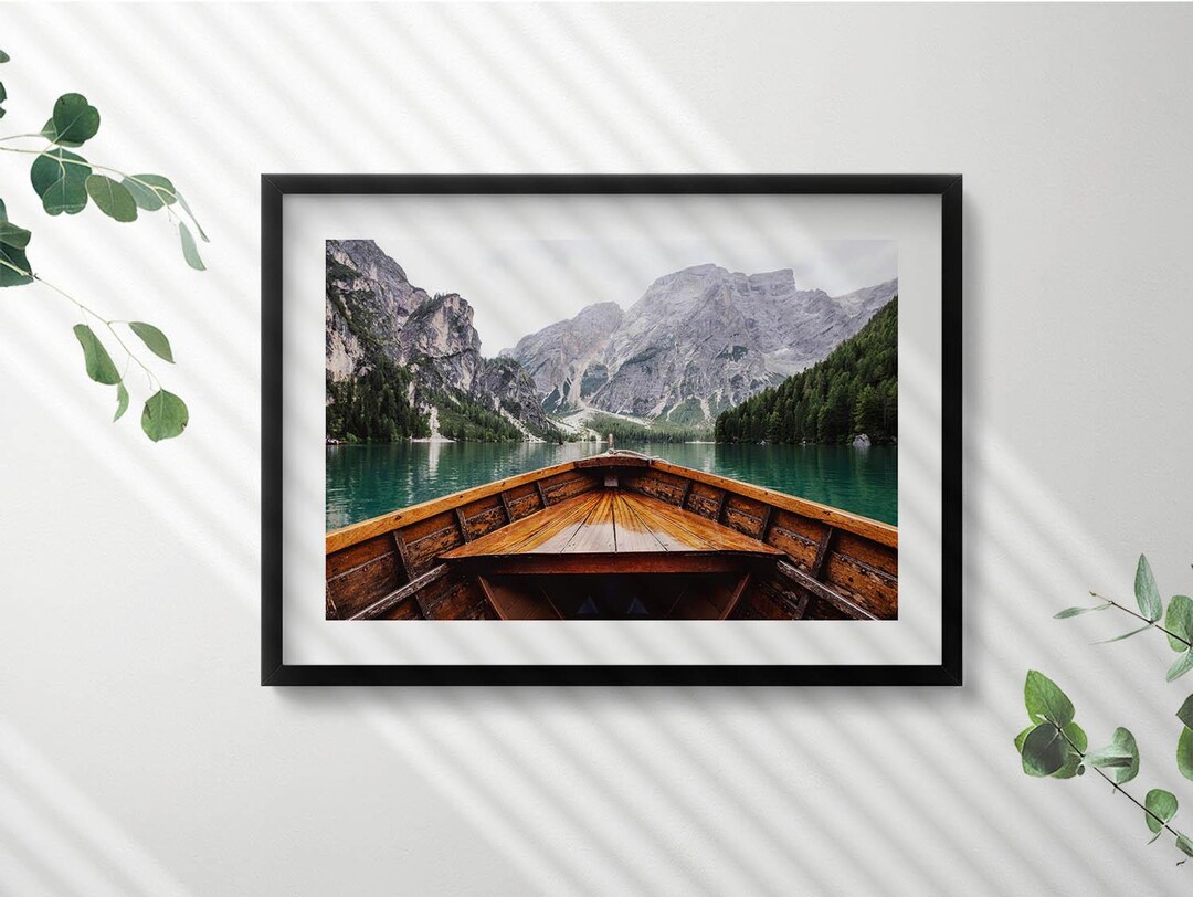 Boat on A Mountain Lake Print in Frame, Landscape Art Print, Brown Wall ...