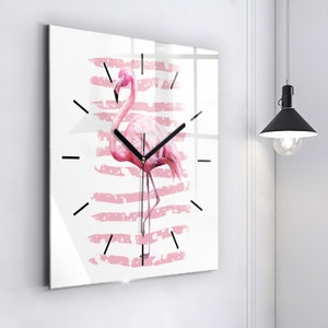 Flaminga graphics Glass Clock, Pink Printed Clock, Abstract Modern Wall Clock, Personalised Clock, Numbers or Lines Collection