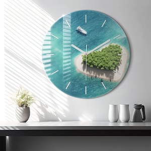 Heart Island Glass Clock, Blue Printed Clock, Landscape Modern Wall Clock, Personalised Clock, Numbers or Lines