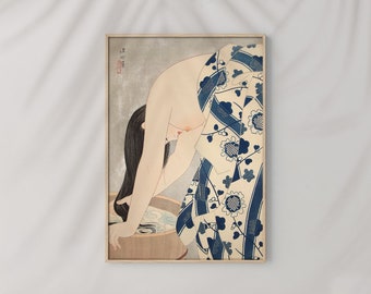 Póster Arte de pared Japonés Lavándose el cabello por Ito Shinsui #RO422 Azul, Beige, Réplica de arte, Póster Ukiyo, Japonés retro