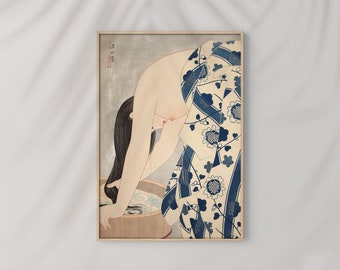 Poster Wall Art Japanese Washing The Hair by Ito Shinsui #RO422  Blue, Beige, Art Replica, Ukiyo Poster, Retro Japanese