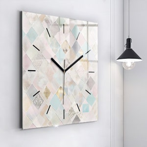 Colorful tiles Glass Clock, White Minimalistic Clock, Abstract Wall Clock, Personalised Clock, Numbers or Lines
