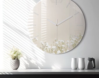 Flowering plaster flowers Glass Clock, White Minimalistic Clock, Plant Wall Clock, Custom Wall Clock, Numbers or Lines Collection