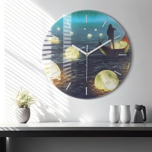 Abstraction Glass Clock, Blue Printed Clock, Abstract Modern Wall Clock, Personalised Clock, Numbers or Lines Collection