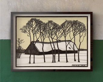 Poster "Fattoria nella neve" del 1918 di Julie De Graag, tema beige old school, opera d'arte eclettica nera, regalo di nozze retrò, grafica di qualità