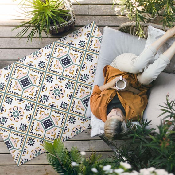 Geometrisch gemusterte Fliesen Outdoor Teppich, Imitat Fliesen Teppich, Grauer Vinyl Teppich, Veranda Teppich, Haustierfreundlicher Teppich, leicht zu reinigender Teppich