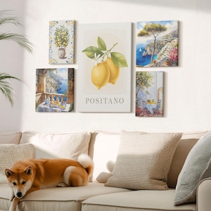 Set di 5 tele - Accenti di agrumi ispirati al Mediterraneo e viste sul mare, stampa gialla su tela, decorazioni murali con piante e fiori