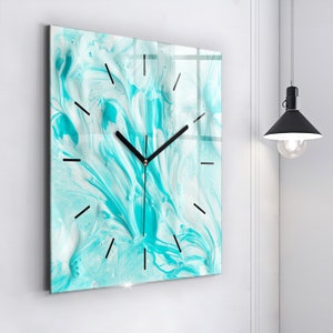 Blue abstraction Glass Clock, Blue Minimalistic Clock, Abstract Wall Clock, Personalised Clock, Numbers or Lines