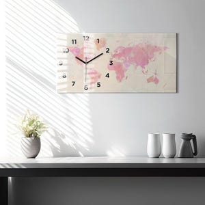 Watercolor world map Minimalistic Clock, Pink Glass Clock, Map Wall Clock, Horizontal Decorative Clock, Numbers or Lines Collection