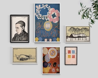 May include: A collection of six framed art prints featuring abstract designs and illustrations. The prints are in black, white, red, yellow, blue, and green. The prints are arranged in a grid pattern on a white wall.