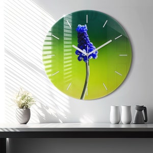 Blue flowers Glass Clock, Blue Wall Clock, Nature Hanging Clock, Custom Wall Clock, Numbers or Lines