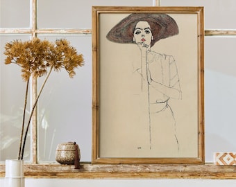 Retrato de una mujer 1910 por Egon Schiele Póster de dibujo de arte de línea femenina original, reproducción de museo beige, Art Nouveau gris, regalo retro