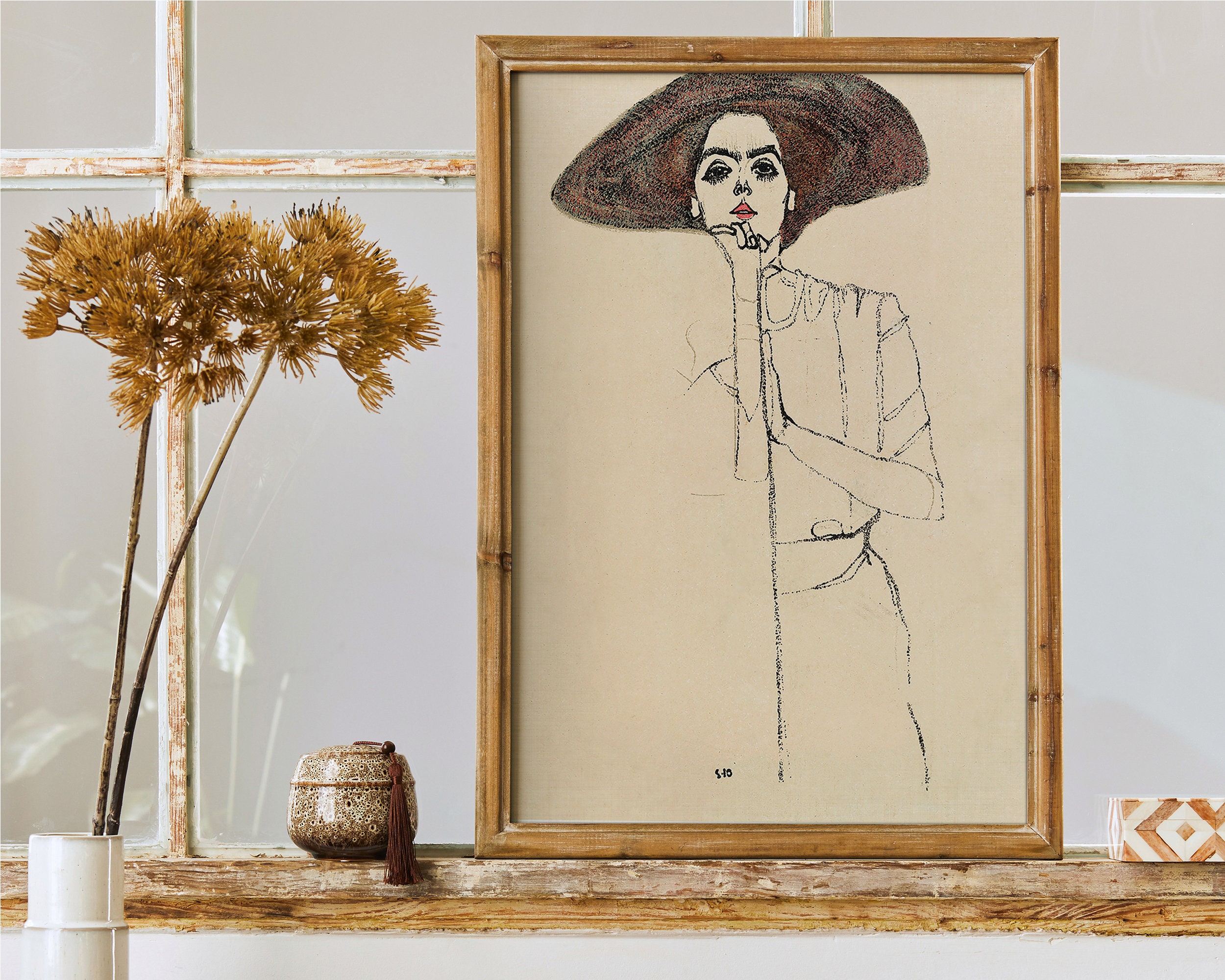 Portrait Of A Woman 1910 By Egon Schiele Original Female Line Art Drawing Poster, Beige Museum Reproduction, Gray Art Nouveau, Retro Gift