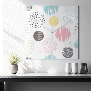 Geometric pattern Glass Clock, Multicolour Modern Wall Clock, Abstract Minimalistic Clock, Personalised Clock, Numbers or Lines Collection