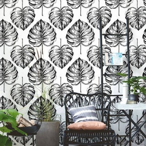 Removable wallpaper - Monstera Leaf - Tropic Wallpaper - Floral Wallpaper - Black and White - Self adhesive Wallpaper - Peel and Stick #43