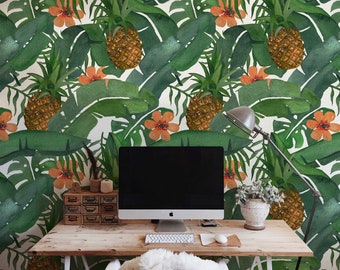 Removable wallpaper - Tropical Pineapple - Wallpaper - Exotic Wallpaper - Watercolor wallpaper - Self adhesive wallpaper - Pineapple - #34