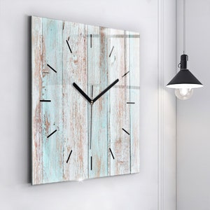 Pastel wood Glass Clock, Turquoise Wall Clock, Nature Hanging Clock, Personalised Clock, Numbers or Lines