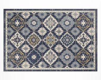 Piastrelle riccamente decorate in stile marocchino, tappeto da esterno con piastrelle finte, tappeto da patio in vinile blu, tappeto da veranda, tappeto facile da pulire
