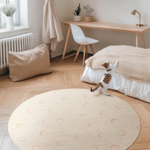 Tappeto rotondo boho con piccole lune e stelle per soggiorno, tappetino in vinile con motivo spaziale, tappeto beige facile da pulire, tappeto per soggiorno, tappeto impermeabile