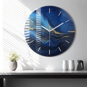 Blue marble Glass Clock, Blue Printed Clock, Abstract Modern Wall Clock, Custom Wall Clock, Numbers or Lines Collection
