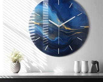 Blue marble Glass Clock, Blue Printed Clock, Abstract Modern Wall Clock, Custom Wall Clock, Numbers or Lines Collection