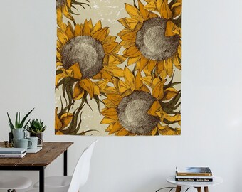 Tapiz de girasoles, floral, flores, prado, sol, tapices, decoración de pared, decoración del hogar, decoración de dormitorio, tapiz de tela T#43