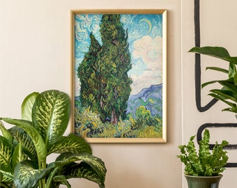 Cypresses By Vincent Van Gogh Poster, Blue Wall Art Paintings, Green Illustration Prints, Retro Gift For Woman, Quality Graphics
