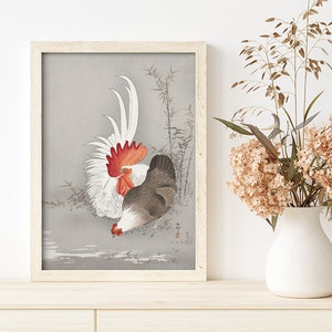 Poster Wall Art Rooster And Chicken by Ohara Koson #RO390  Grey, Red, Art Replica, Fine Art Print, Retro Japanese