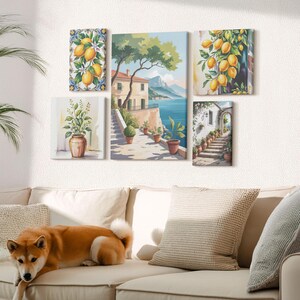 Canvas Set Of 5 Wall Art - Mediterranean Landscapes With Citrus Fruits And Vegetation, Yellow Wall Canvas Art, Plants And Flowers Wall Decor