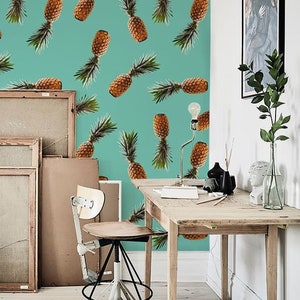 Removable wallpaper - Tropical Pineapple Wallpaper - Self adhesive wallpaper - Temporary wallpaper - Floral Wallpaper - Peel and stick #102