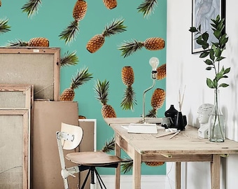 Removable wallpaper - Tropical Pineapple Wallpaper - Self adhesive wallpaper - Temporary wallpaper - Floral Wallpaper - Peel and stick #102