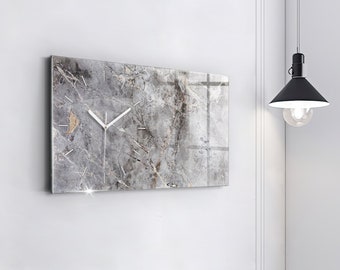 Orologio sospeso in pietra di marmo di granito grigio, orologio in vetro grigio, orologio minimalista astratto, orologio decorativo orizzontale, numeri o linee