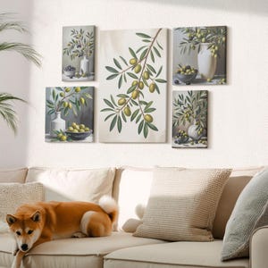Lot de 5 toiles d'art : olives rustiques pour intérieurs, grande toile d'art murale verte, décoration murale plantes et fleurs