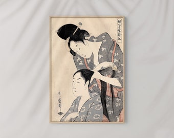 Poster Wall Art Japanese Hairdresser by Kitagawa Utamaro #RO424  Beige, Grey, Art Replica, Ukiyo Poster, Retro Japanese