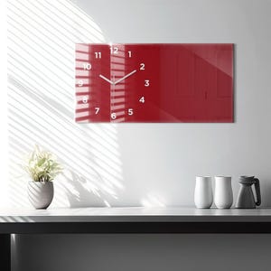 Horloge minimaliste rouge, horloge en verre rouge, horloge murale unie, horloge personnalisée, collection chiffres ou lignes