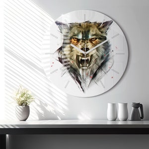 Drawn portrait of a wolf Glass Clock, Brown Minimalistic Clock, Animal Wall Clock, Personalised Clock, Numbers or Lines Collection