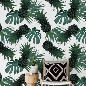 Removable wallpaper - Green Pineapple Wallpaper - Tropical Wallpaper - Temporary Wallpaper - Exotic Wallpaper, Leaves, - Pineapple Decor #35