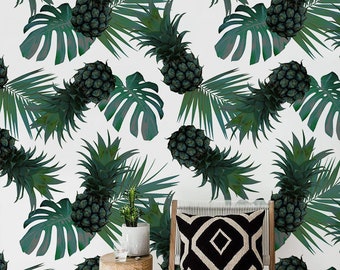 Removable wallpaper - Green Pineapple Wallpaper - Tropical Wallpaper - Temporary Wallpaper - Exotic Wallpaper, Leaves, - Pineapple Decor #35