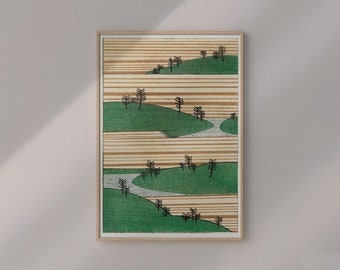 Poster Wall Art Landscape Illustration by Watanabe Seitei #RO217  Green, Beige, Famous Art Print, Retro Illustration, Woodblock Print