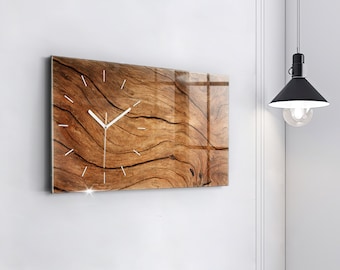 Horloge murale moderne en vieux bois, horloge en verre brun, horloge murale nature, horloge décorative horizontale, chiffres ou lignes