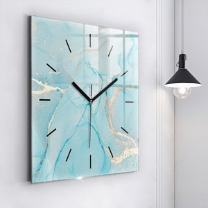 Decorative marble Glass Clock, Turquoise Hanging Clock, Abstract Printed Clock, Personalised Clock, Numbers or Lines Collection