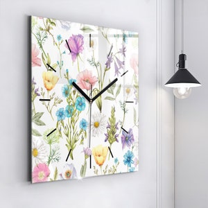 Flower composition Glass Clock, Multicolour Modern Wall Clock, Abstract Minimalistic Clock, Personalised Clock, Numbers or Lines
