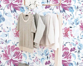 Removable wallpaper - Purple Flowers Wallpaper - Meadow Watercolor - Wall Mural - Floral wallpaper - Temporary Wallpaper - Self Adhesive #91