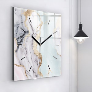 Pastel marble Glass Clock, Multicolour Printed Clock, Abstract Modern Wall Clock, Personalised Clock, Numbers or Lines Collection