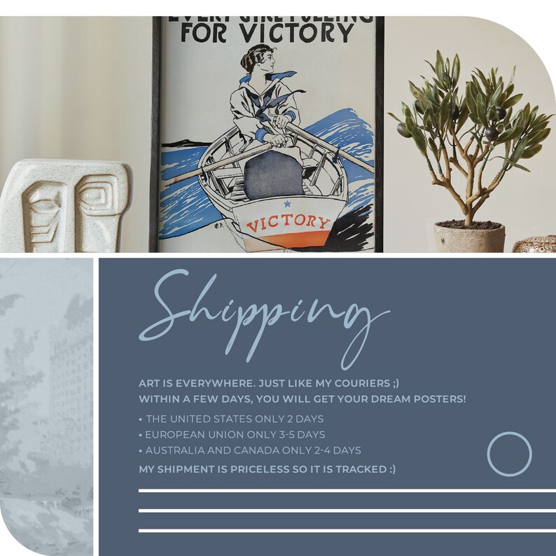 May include: A vintage poster with a woman rowing a boat with the text "Every Girl Pulling For Victory" and "Victory" on the boat. The poster is framed in black and has a white background.