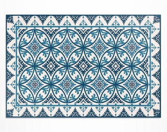 Tappeto da esterno con piastrelle mediterranee e cerchi astratti, tappeto da patio con piastrelle finte, tappeto in vinile blu, tappeto da veranda, tappeto adatto agli animali domestici, tappeto facile da pulire
