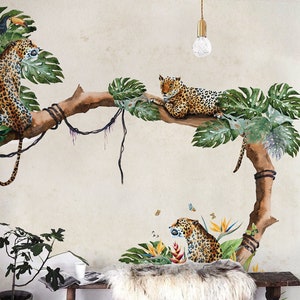 Removable wallpaper - Tropical Cheetahs Mural Wallpaper - Floral Wallpaper - Watercolor Wallpaper - Temporary Wallpaper - Wall Mural #105